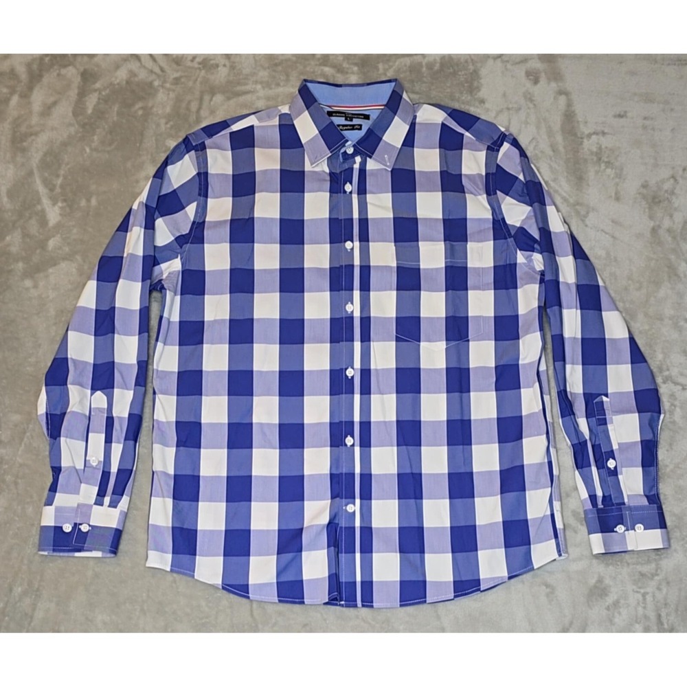 Classic Collection‎ Shirt Mens L Blue White Gingham Plaid Regular Chest Pocket